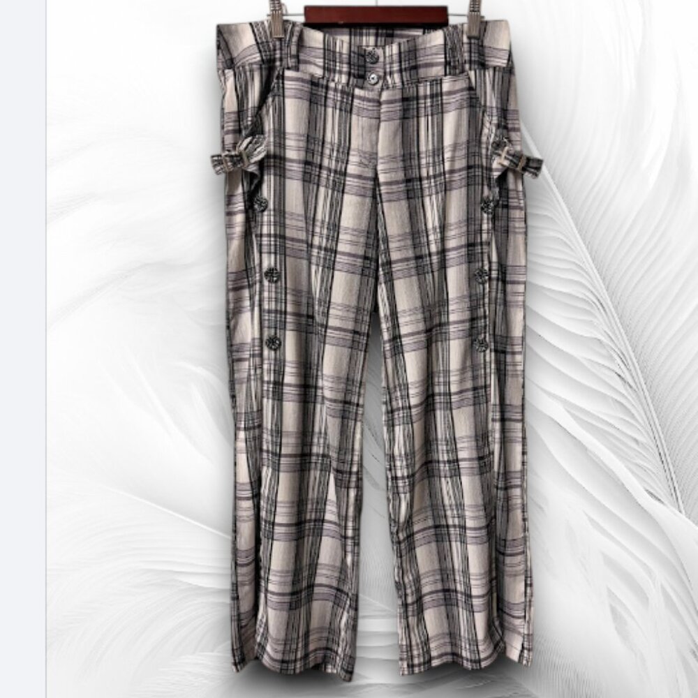 Women’s Plaid Wide-Leg Pants with Side Buttons & Buckle Straps — Size 48
